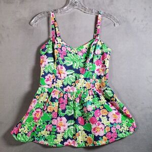 Lilly Pulitzer Babydoll Cami Top Womens 2 Green Floral Zip Smocked Peplum Resort